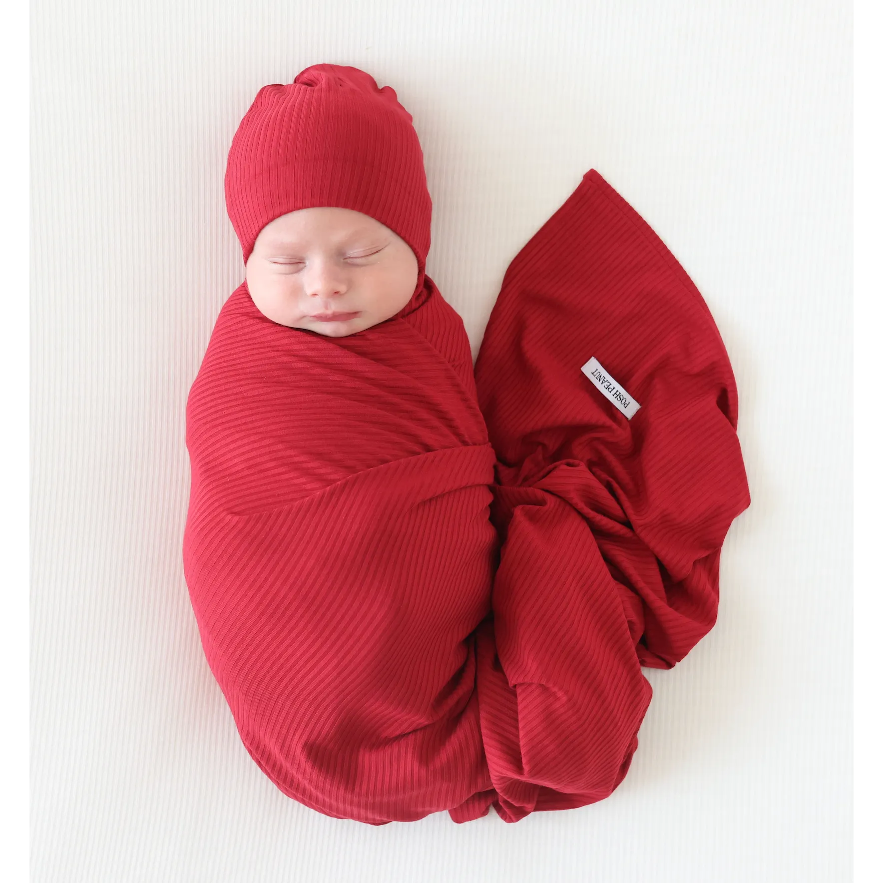 Posh Peanut Dark Red Ribbed Infant Swaddle and Beanie Set