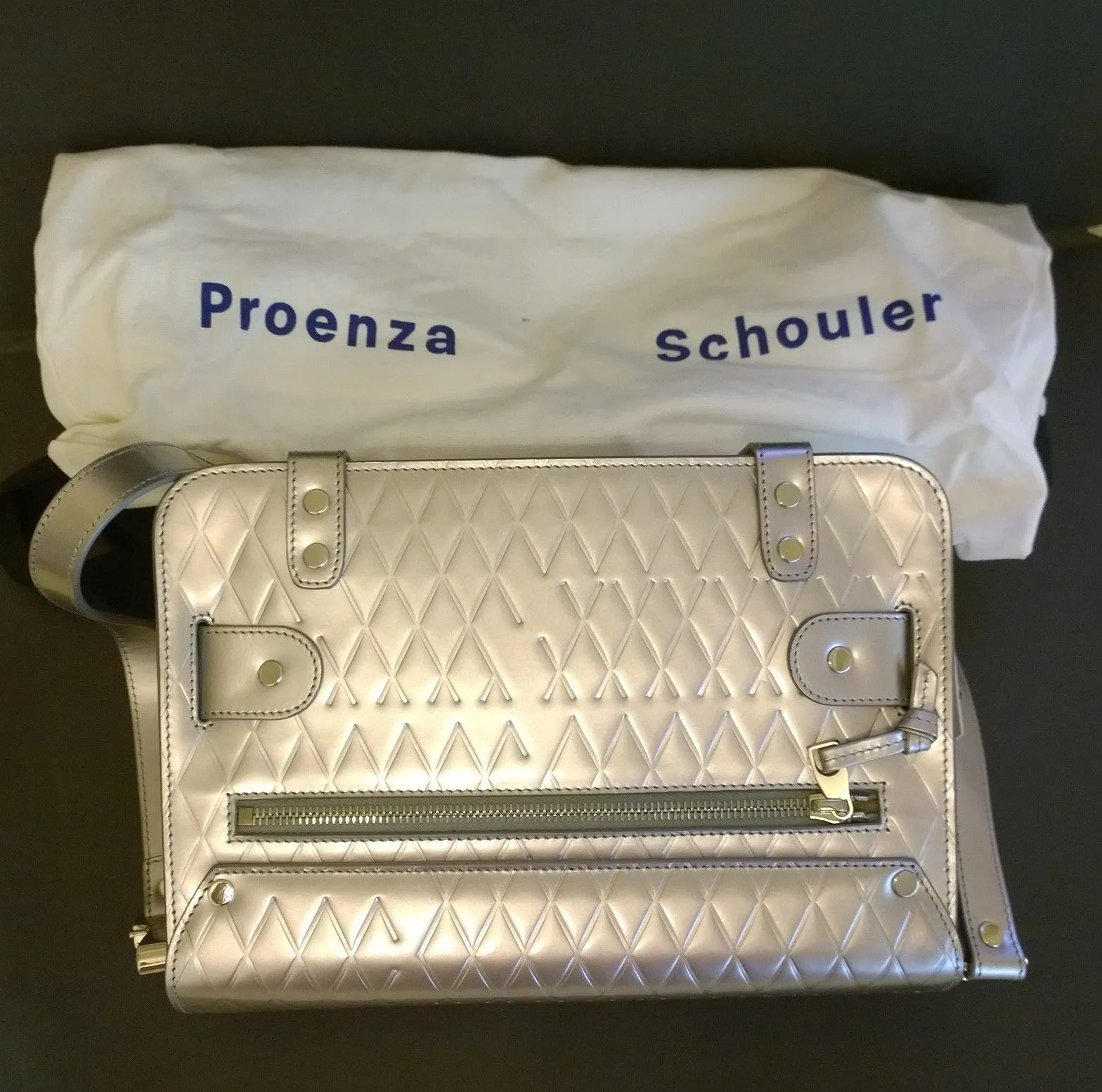 Proenza Schouler PS 11 Silver Embossed Leather Bag Crossbody Purse