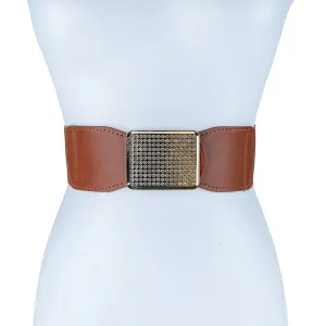 RECTANGLE RHINESTONED SMOCKED LEATHER BELT