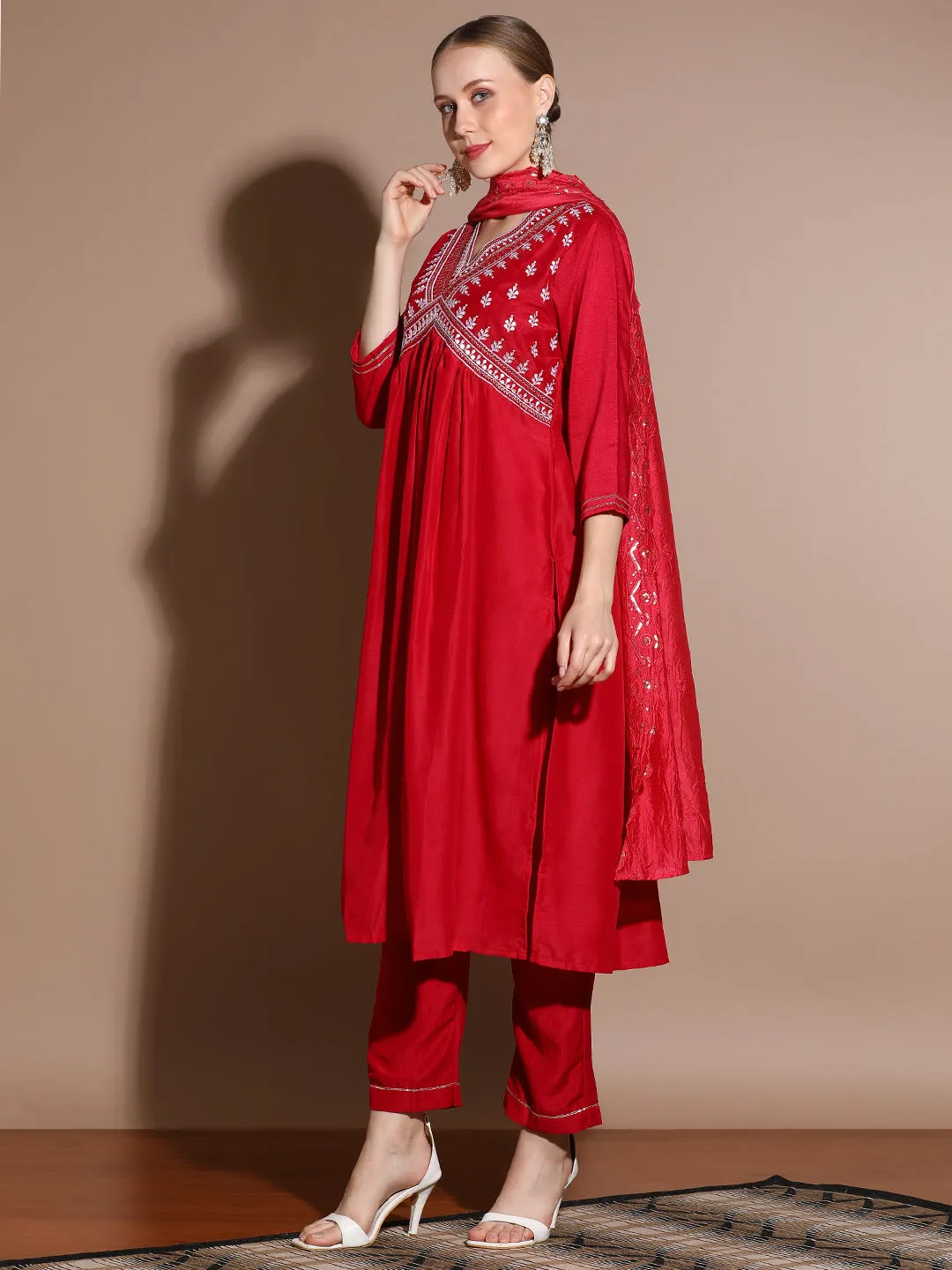 Red Velvet Solid Kurta Set With Dupatta
