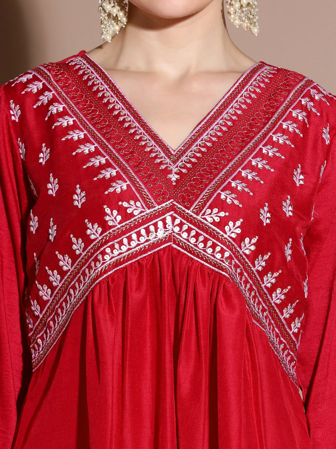 Red Velvet Solid Kurta Set With Dupatta