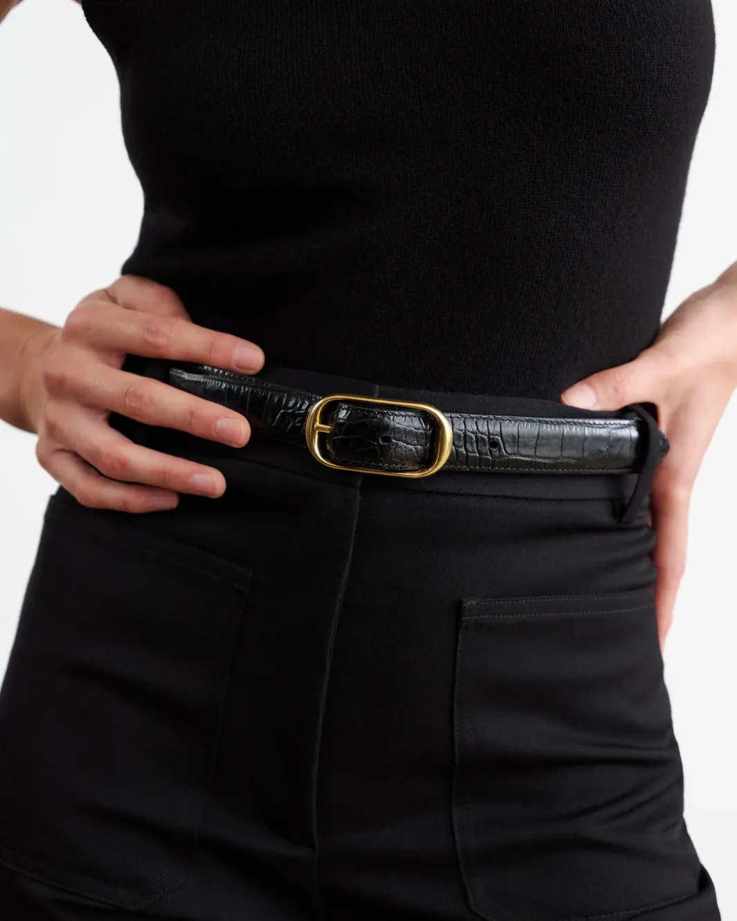REINE EMBOSSED CROC BELT IN BLACK
