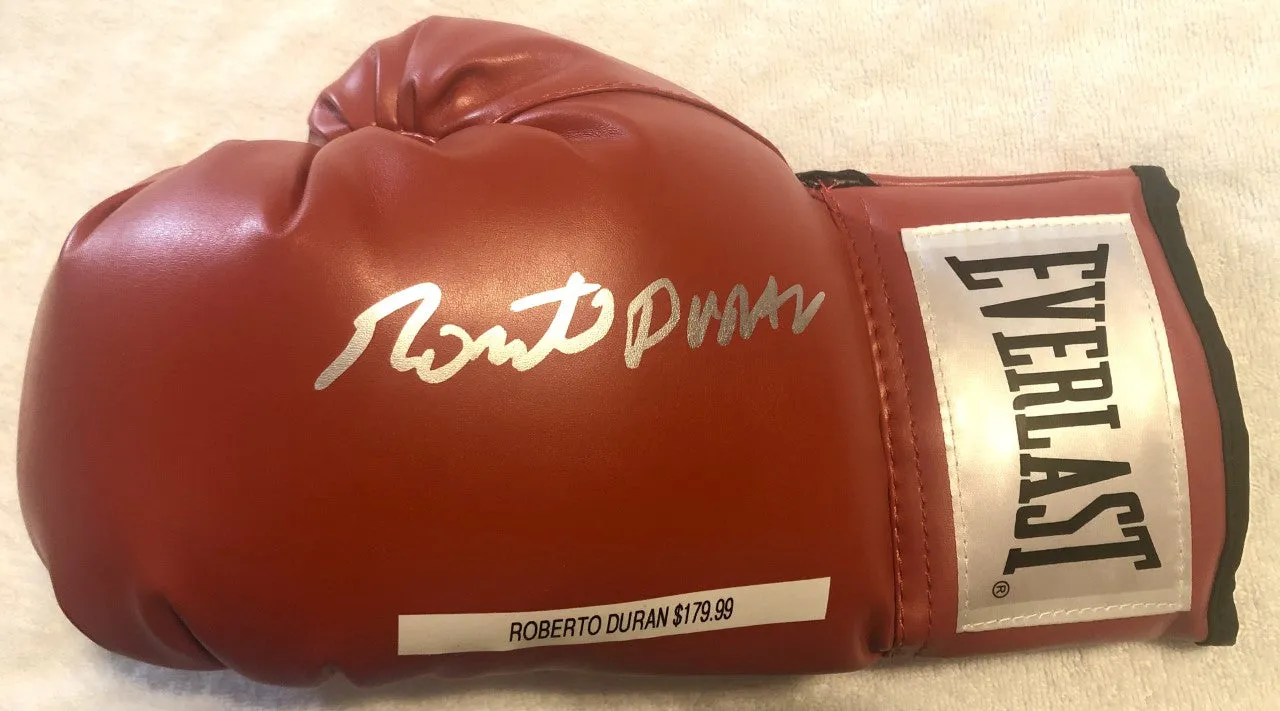 Roberto Duran Autographed Silver Signed Red Everlast Boxing Glove large signature