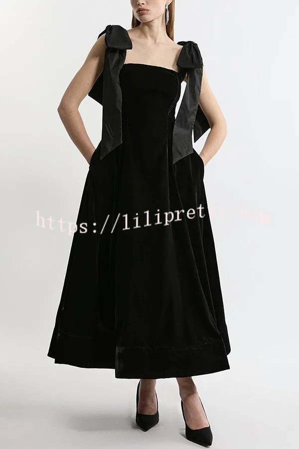 Romantic Type Velvet Bandeau Taffeta Bow Strap Pocketed Prom Maxi Dress