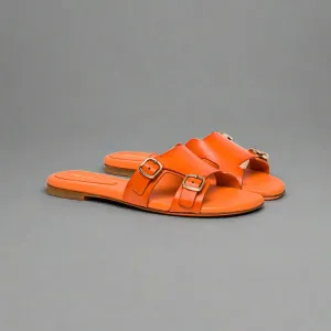 Santoni WOMEN'S ORANGE LEATHER DOUBLE-BUCKLE SLIDE SANDAL