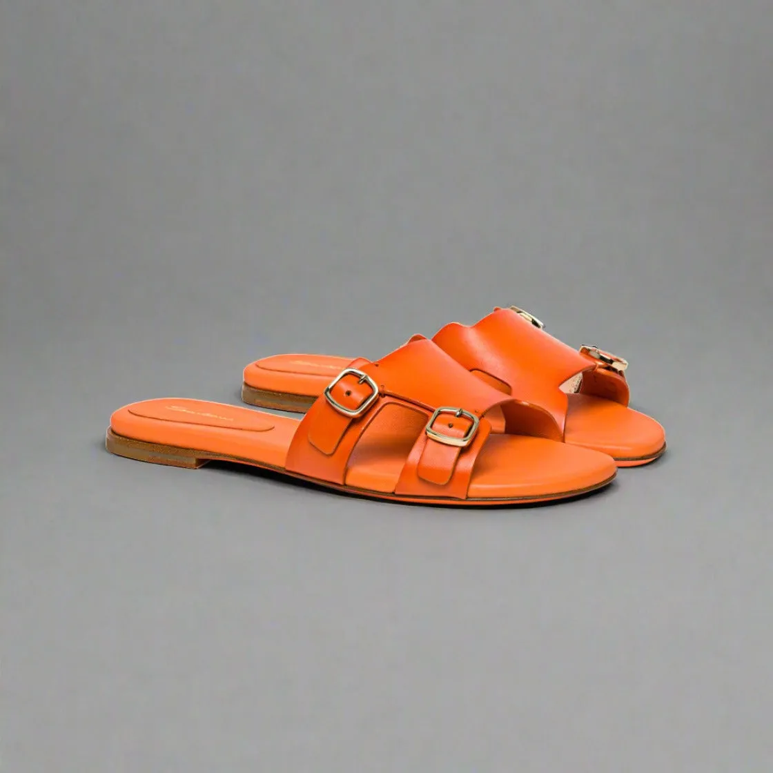 Santoni WOMEN'S ORANGE LEATHER DOUBLE-BUCKLE SLIDE SANDAL