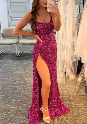 Sheath Bateau Spaghetti Straps Split Floor-Length Velvet Sequins Prom Dress