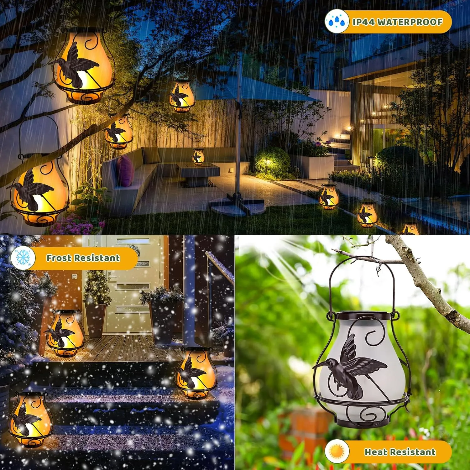 Solar Lanterns, Hanging Outdoor Lantern with Hummingbird LED Flickering Flame...