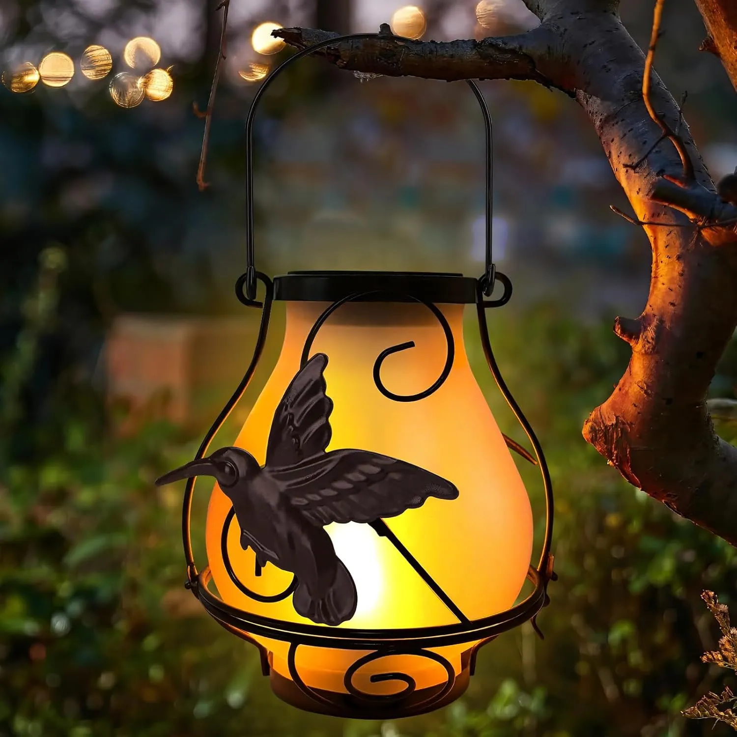 Solar Lanterns, Hanging Outdoor Lantern with Hummingbird LED Flickering Flame...