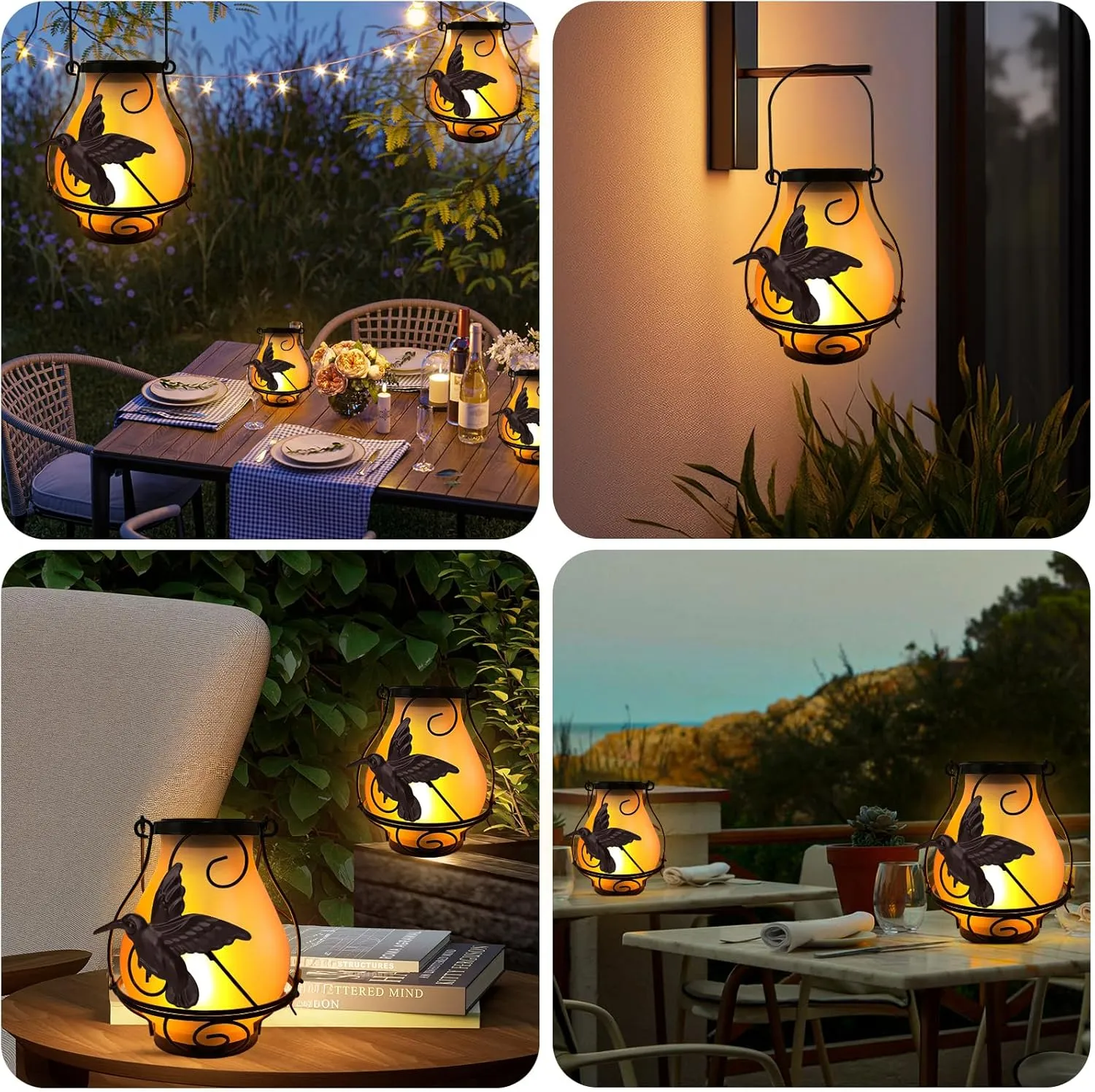 Solar Lanterns, Hanging Outdoor Lantern with Hummingbird LED Flickering Flame...