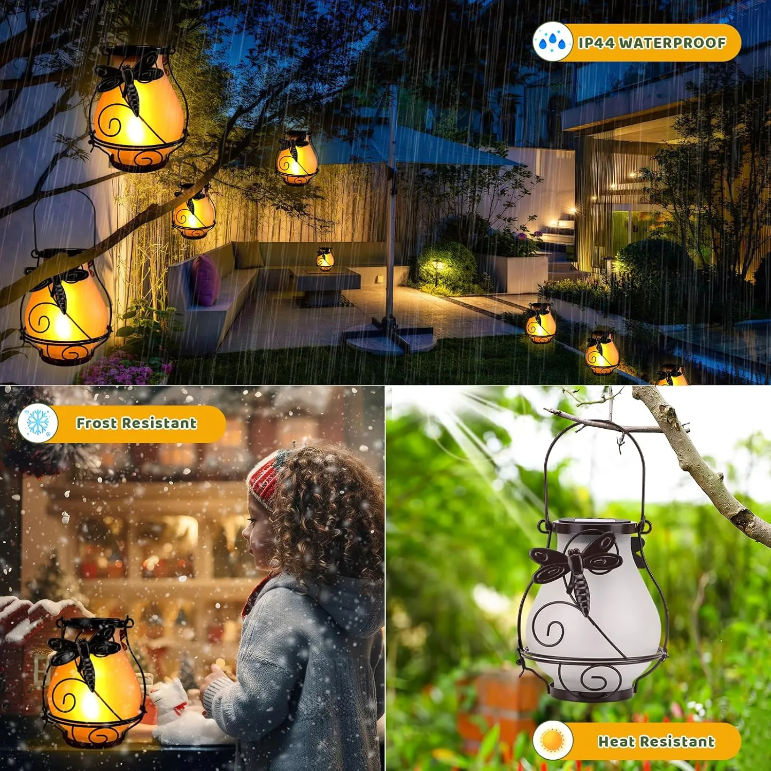 Solar Lanterns, Hanging Outdoor Lantern with Hummingbird LED Flickering Flame...