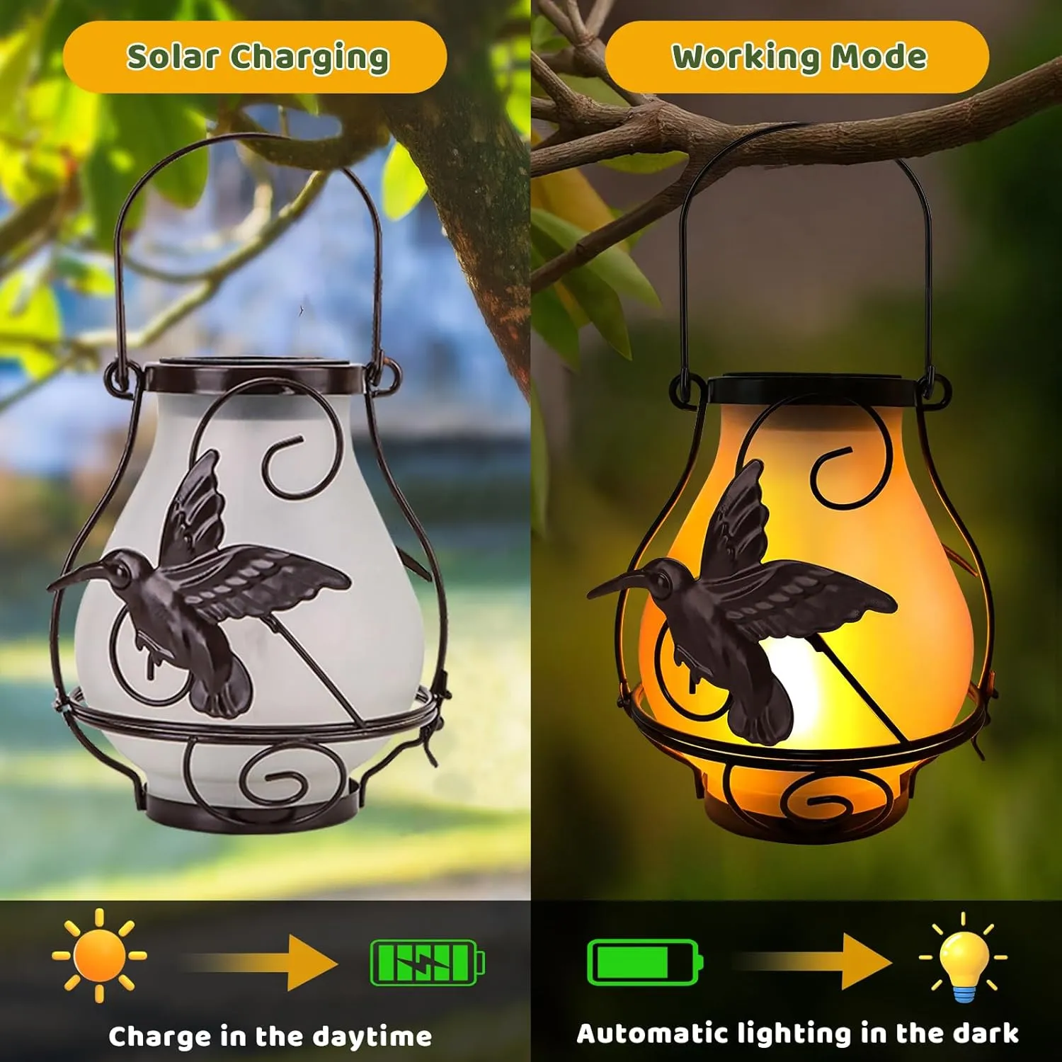 Solar Lanterns, Hanging Outdoor Lantern with Hummingbird LED Flickering Flame...