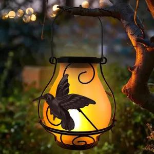 Solar Lanterns, Hanging Outdoor Lantern with Hummingbird LED Flickering Flame...