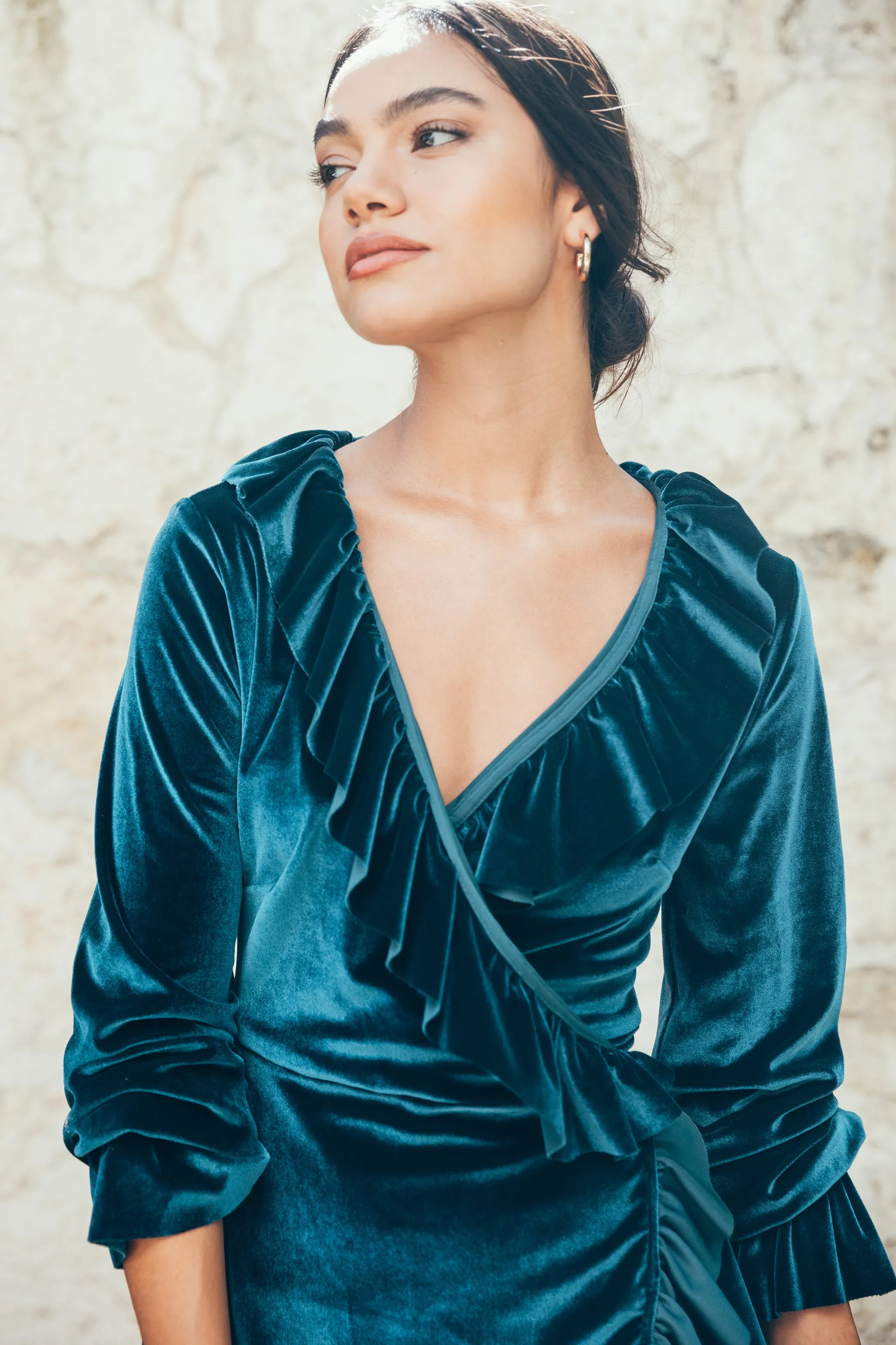 SukiSo Women's  Short Ruffle Velvet Dress in Teal