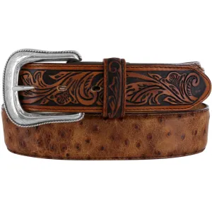 Tony Lama Men's Rustic Ostrich Print Belt with Floral Tooled Overlay