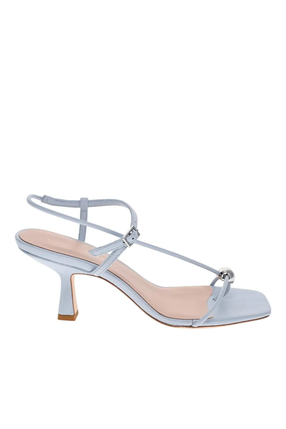 Traina Blue Strappy Leather Mid Heel Sandal