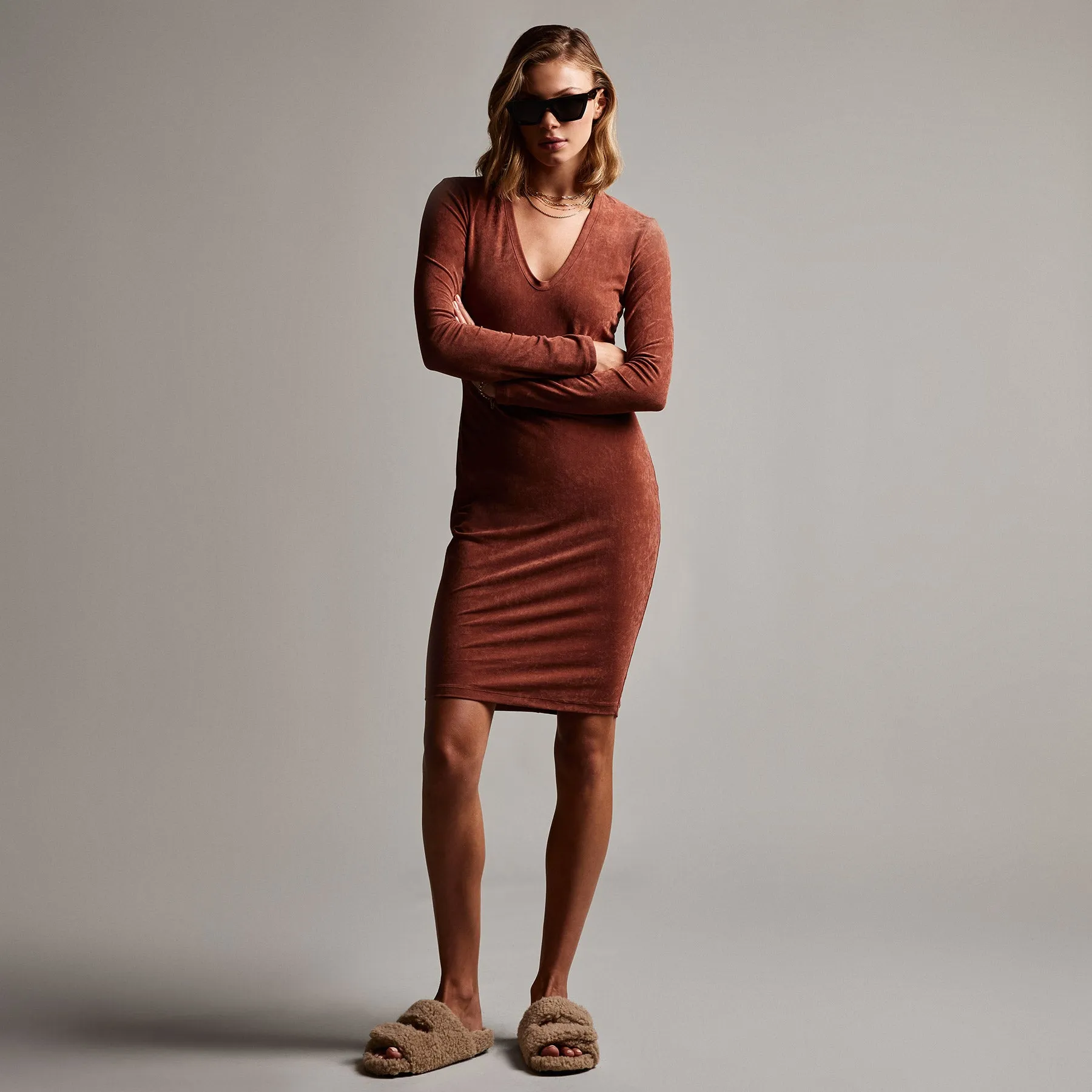V Neck Velvet Dress - Goji