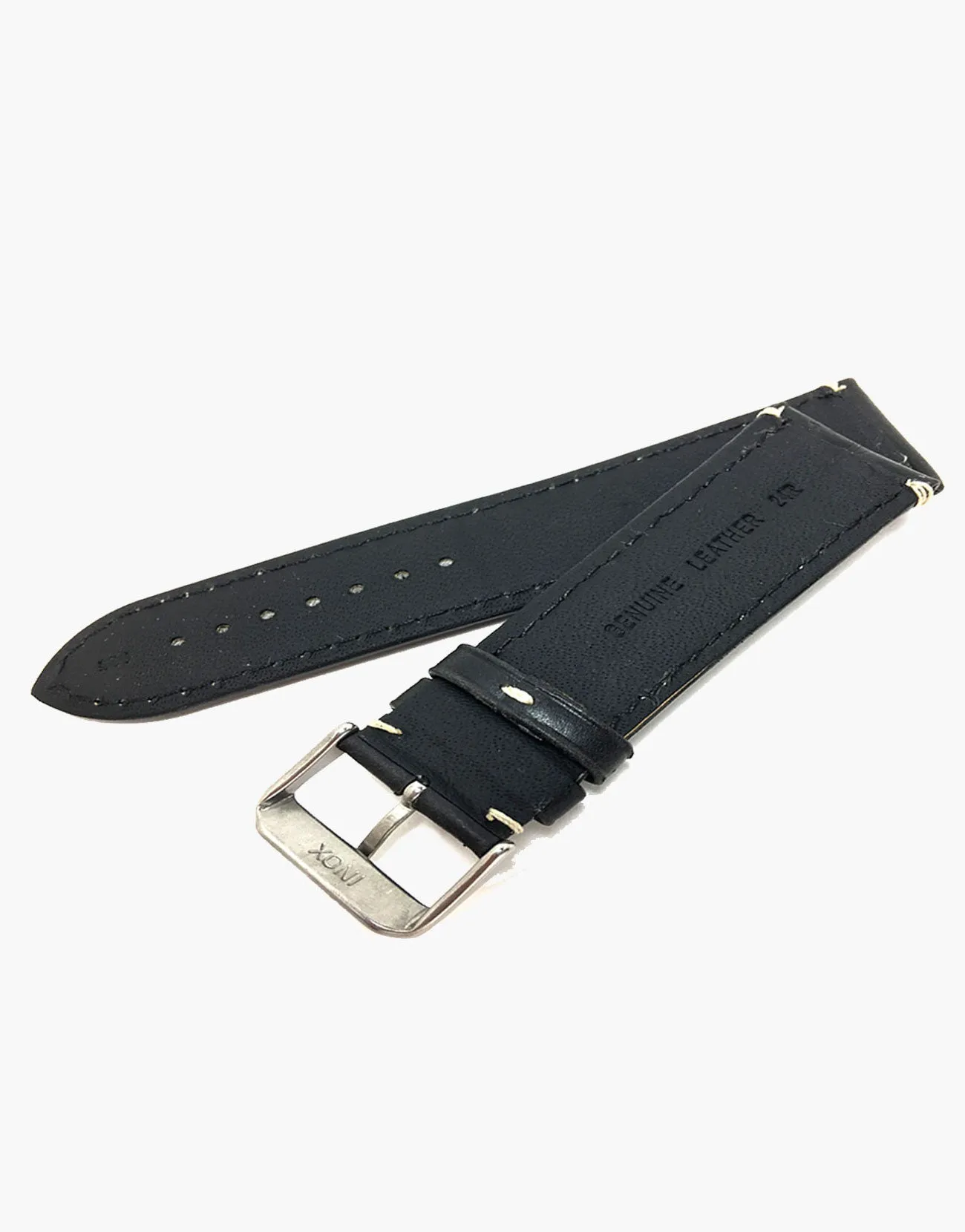Watch Band Black Oil Tanned Leather White Contrast Stitching-Hadley-Roma MS885