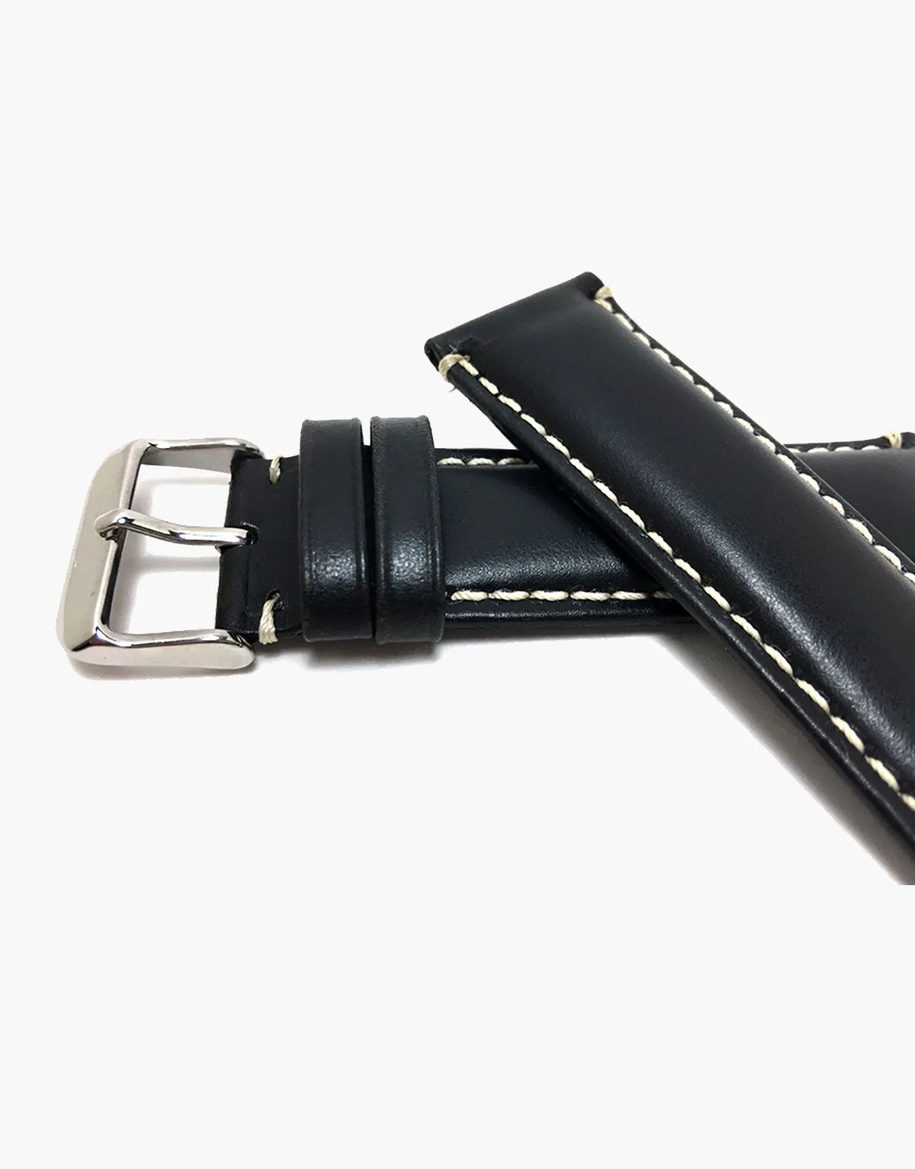 Watch Band Black Oil Tanned Leather White Contrast Stitching-Hadley-Roma MS885