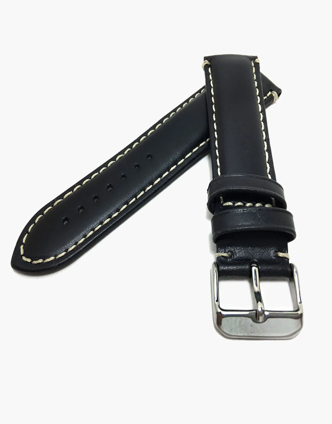 Watch Band Black Oil Tanned Leather White Contrast Stitching-Hadley-Roma MS885