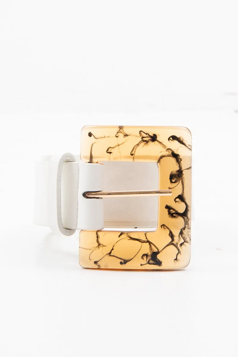 White Faux Leather Resin Buckle Detail Belt - Naira