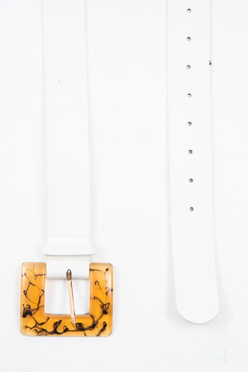 White Faux Leather Resin Buckle Detail Belt - Naira