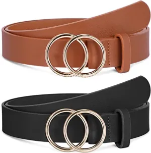 Women Leather Belts Faux Leather Jeans Belt with Double O-Ring Buckle Size up infinity