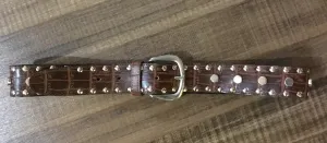 Women's Brown Leather Gator Embossed with Silver Studs Belt