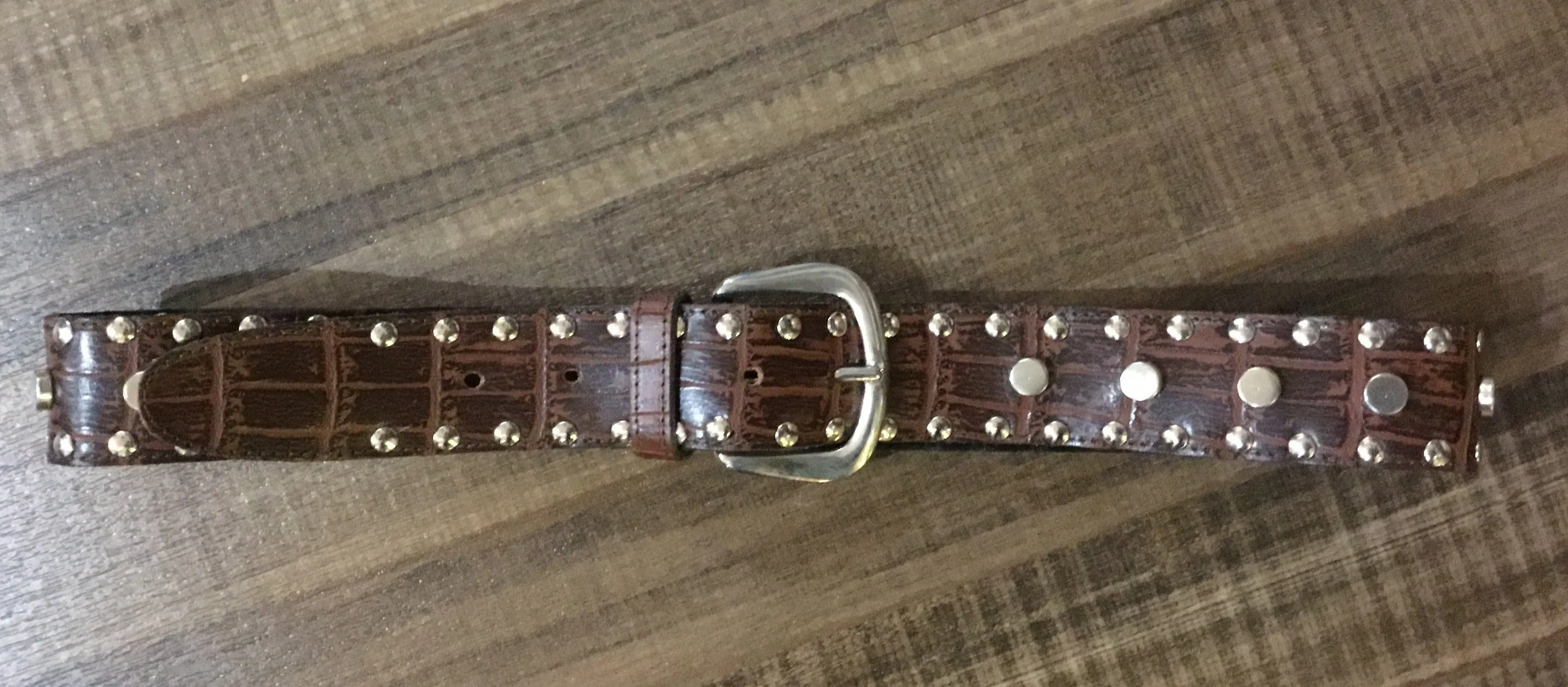 Women's Brown Leather Gator Embossed with Silver Studs Belt