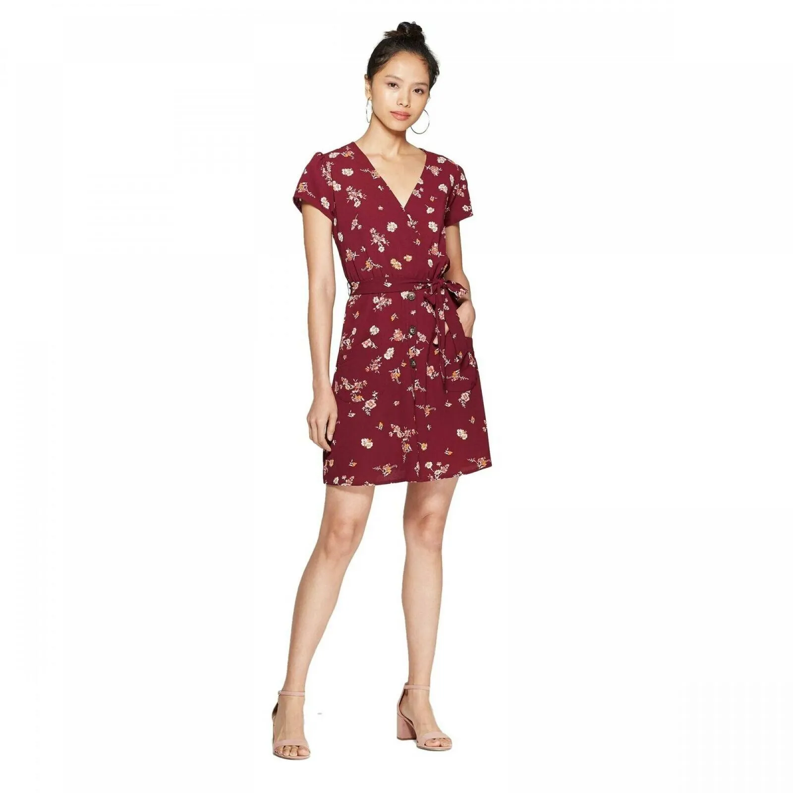 Xhilaration Women's Floral Short Sleeve V-Neck Button-Down Wrap Mini Dress